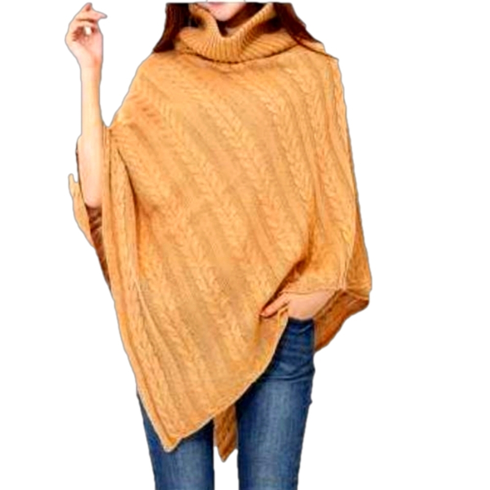 Hadley Wren Women's Cable Knit Turtle Neck Crochet Poncho Gold Tan Mustard Yello